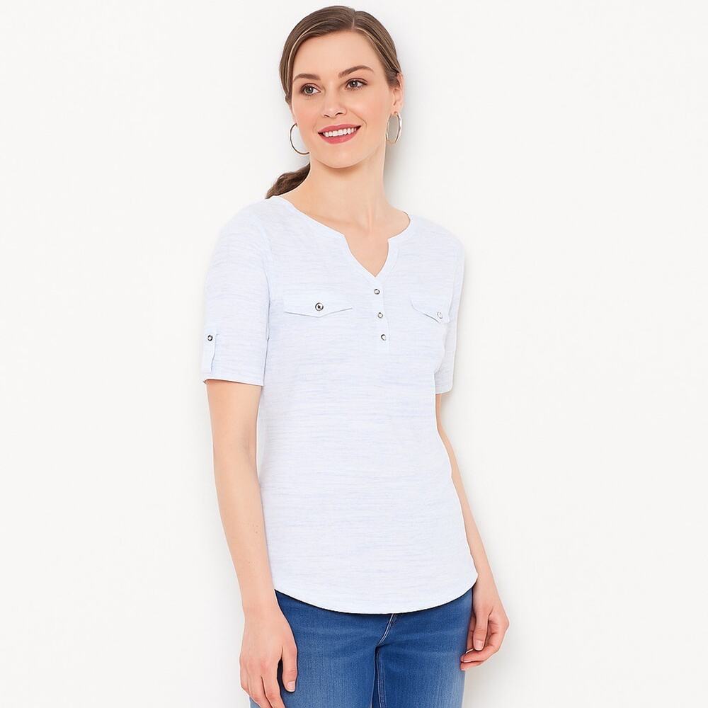 NWT Croft & Barrow Petite Henley Pocket Tee Beatrix Blue Cotton Blend PS W56
